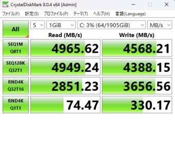 DAIV FX-I7G70, CrystalDiskMark NVMe SSD用測定, LEGEND 850 NVMe SSD
